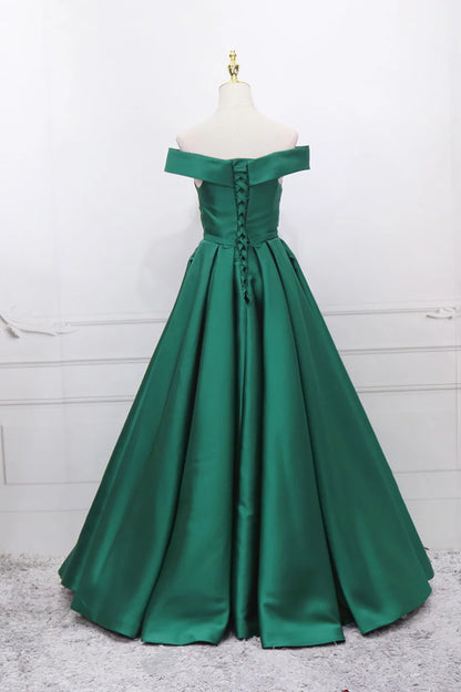 Green Satin Long Prom Dress, Off the Shoulder Evening Party Dress TP569