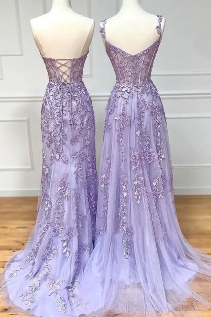 Purple Tulle Lace Long Prom Dresses, Purple Evening Party Dresses TP571