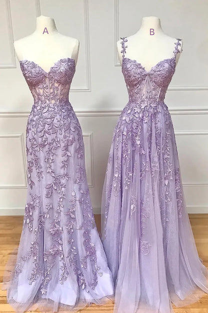Purple Tulle Lace Long Prom Dresses, Purple Evening Party Dresses TP571