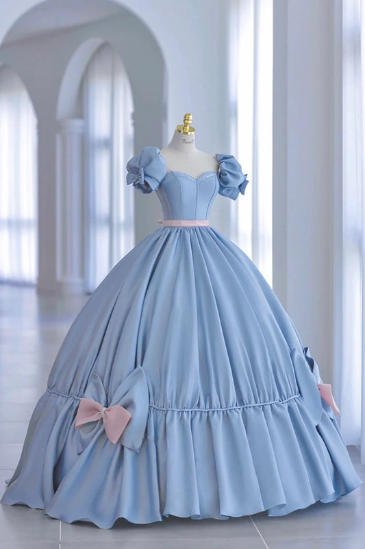 Blue Satin A-Line Princess Dress, Blue A-Line Evening Gown with Bow TP572