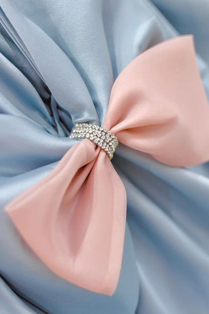 Blue Satin A-Line Princess Dress, Blue A-Line Evening Gown with Bow TP572