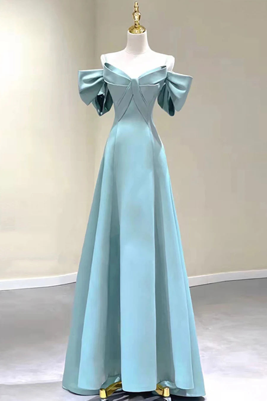 Blue Satin Long A-Line Prom Dress, Off the Shoulder Evening Dress TP573