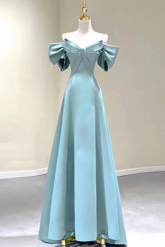 Blue Satin Long A-Line Prom Dress, Off the Shoulder Evening Dress TP573