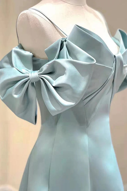 Blue Satin Long A-Line Prom Dress, Off the Shoulder Evening Dress TP573