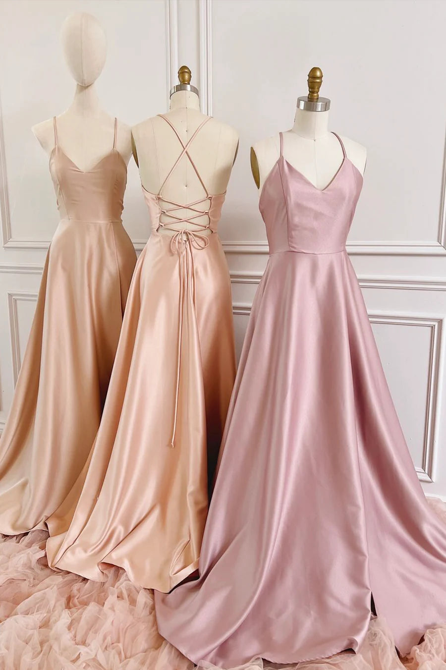 Simple V-Neck Satin Long Prom Dress, A-Line Backless Evening Dress TP575