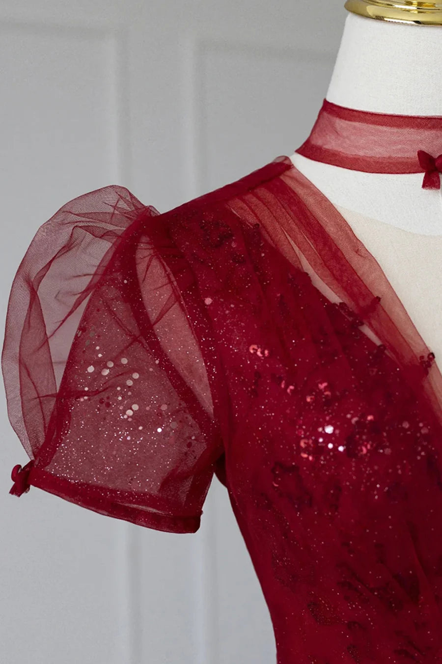 Burgundy Tulle Sequins Tea Length Prom Dress, A-Line Evening Dress TP576