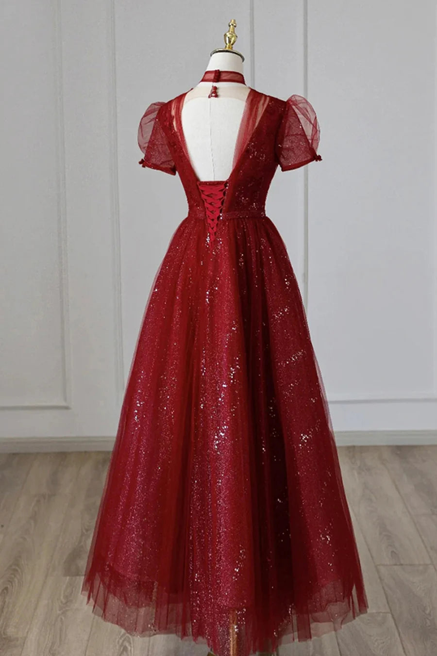 Burgundy Tulle Sequins Tea Length Prom Dress, A-Line Evening Dress TP576