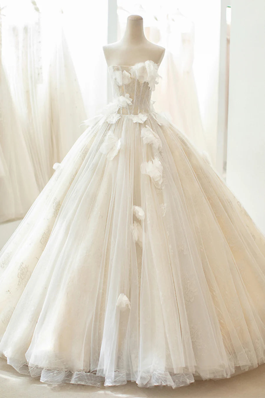 Champagne Tulle Lace Long Formal Dress, A-Line Evening Gown TP578