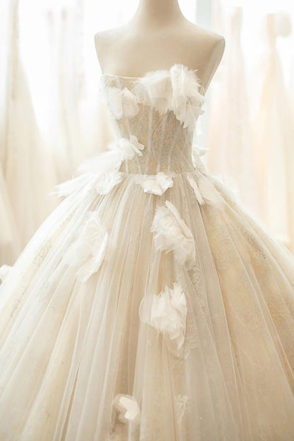 Champagne Tulle Lace Long Formal Dress, A-Line Evening Gown TP578