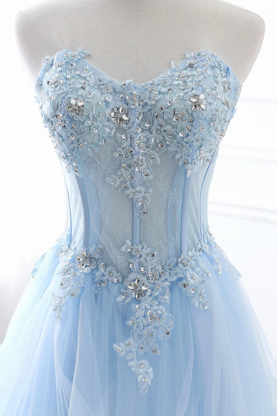 Blue Strapless Tulle Lace Long A-Line Prom Dress, Blue Evening Dress TP579