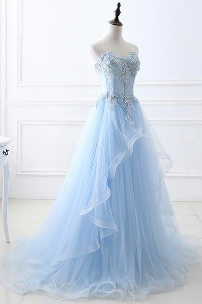 Blue Strapless Tulle Lace Long A-Line Prom Dress, Blue Evening Dress TP579