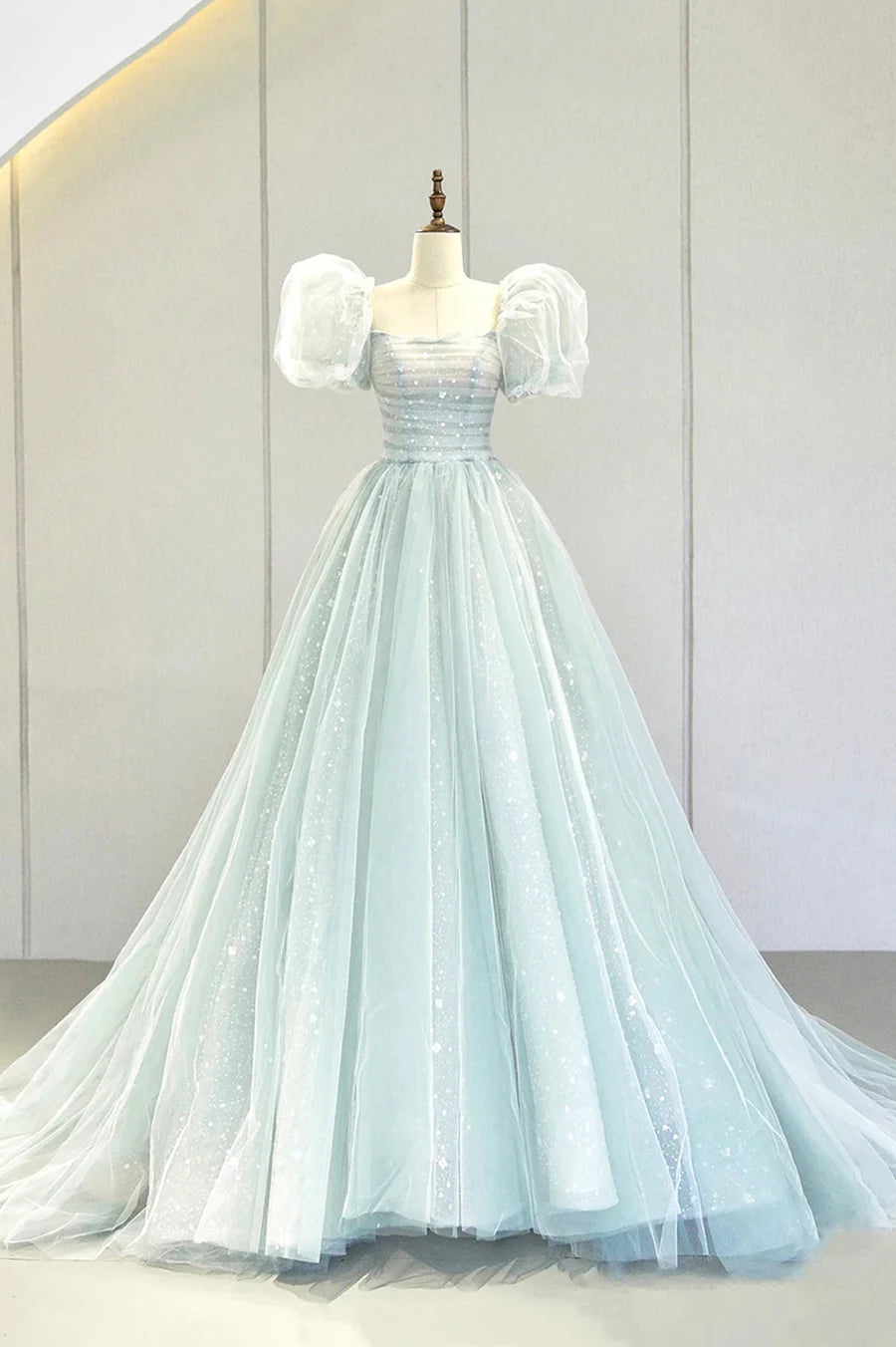 Lovely Puff Sleeve Tulle Formal Evening Gown, A-Line Long Prom Dress TP580