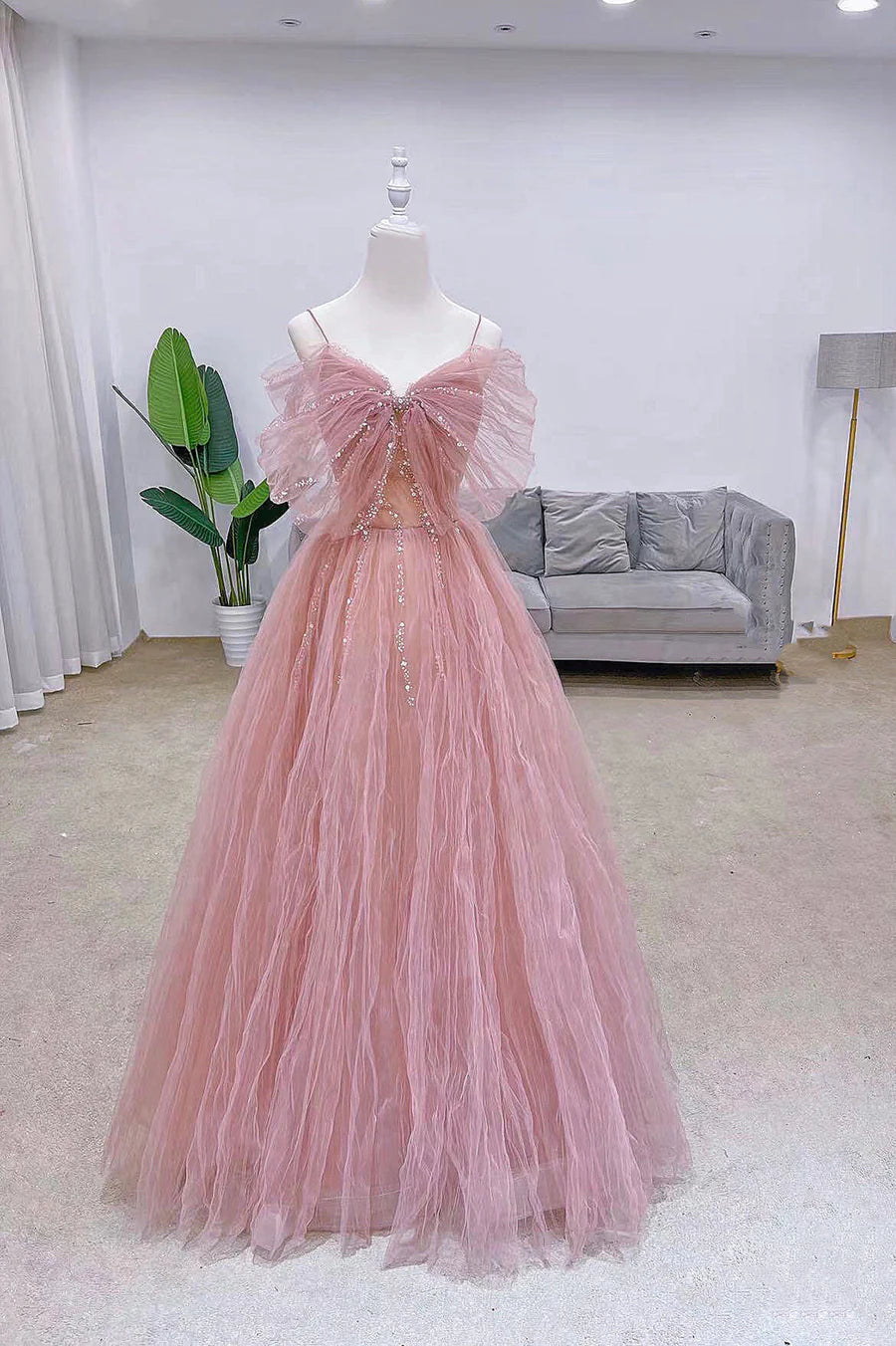 Pink Tulle Sequins Long Prom Dress, Cute A-Line Evening Dress TP584