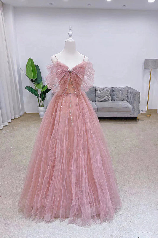 Pink Tulle Sequins Long Prom Dress, Cute A-Line Evening Dress TP584