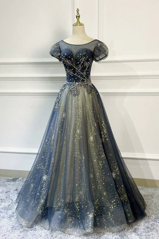 Blue Scoop Neckline Tulle Long Prom Dress, A-Line Evening Dress TP585