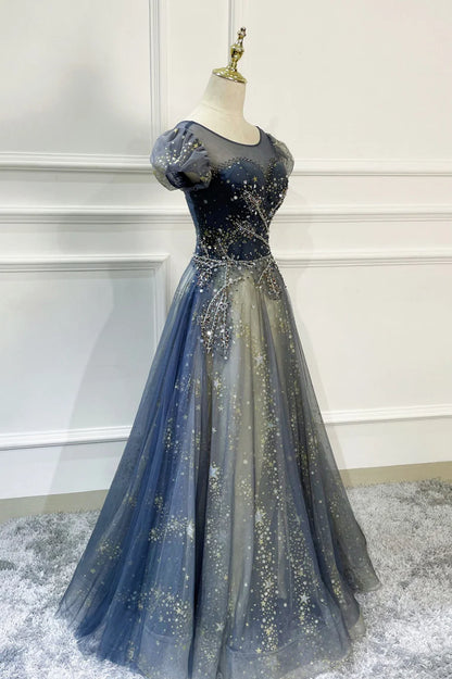 Blue Scoop Neckline Tulle Long Prom Dress, A-Line Evening Dress TP585