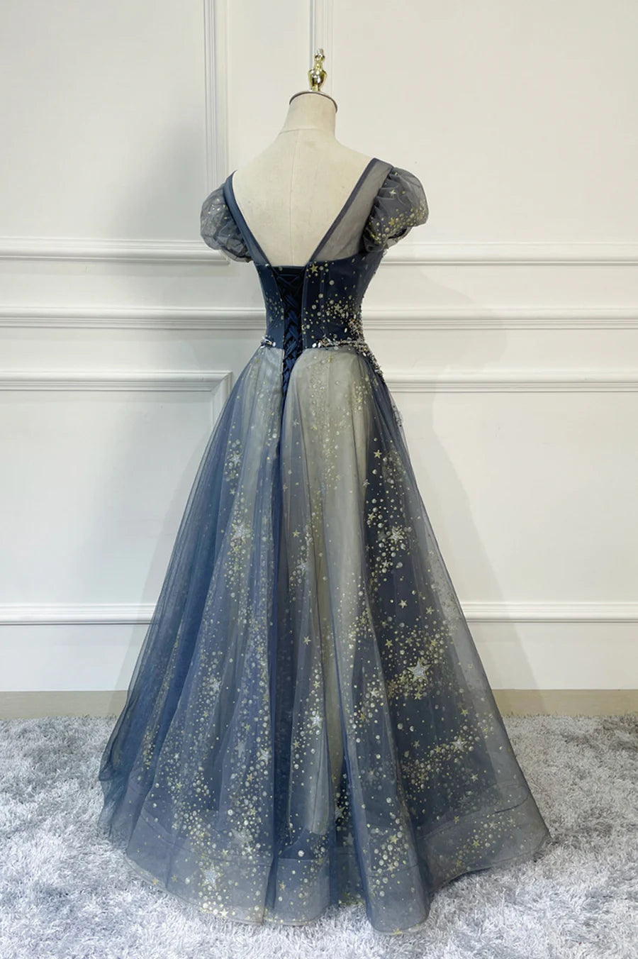 Blue Scoop Neckline Tulle Long Prom Dress, A-Line Evening Dress TP585