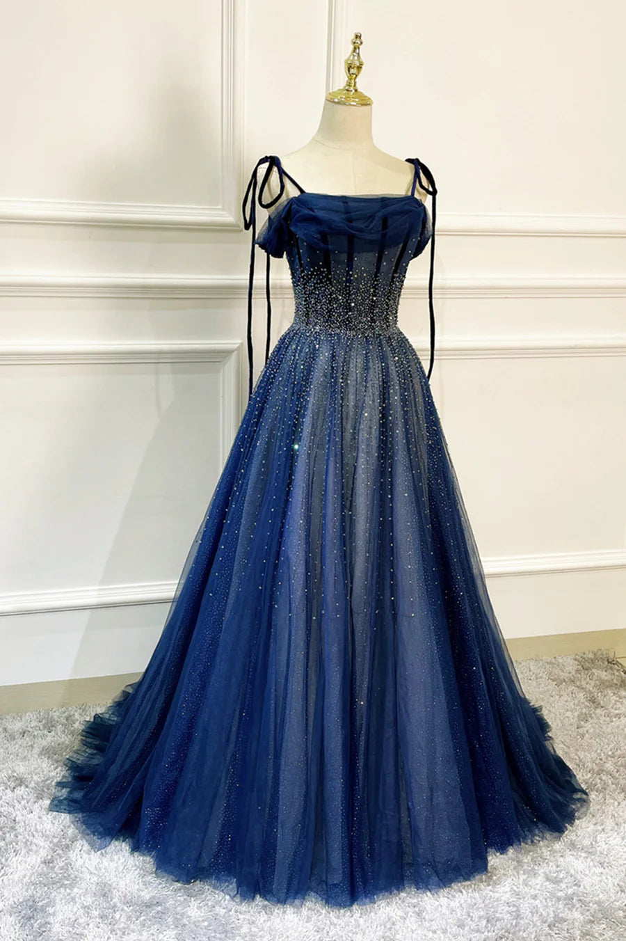 Blue Long Tulle Beaded Prom Dress, Blue Evening Party Dress TP586