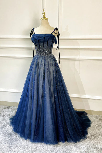 Blue Long Tulle Beaded Prom Dress, Blue Evening Party Dress TP586