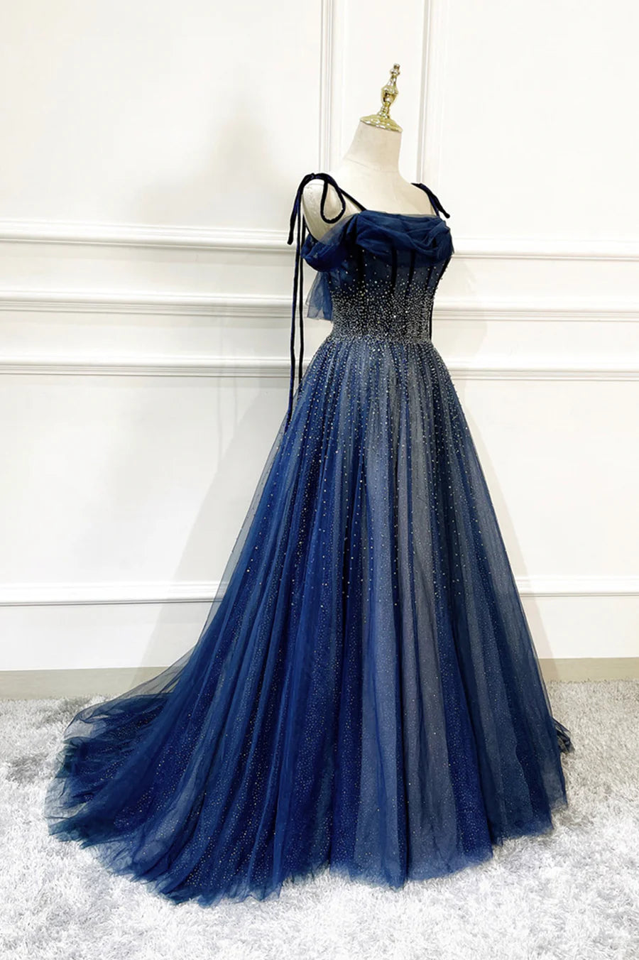 Blue Long Tulle Beaded Prom Dress, Blue Evening Party Dress TP586