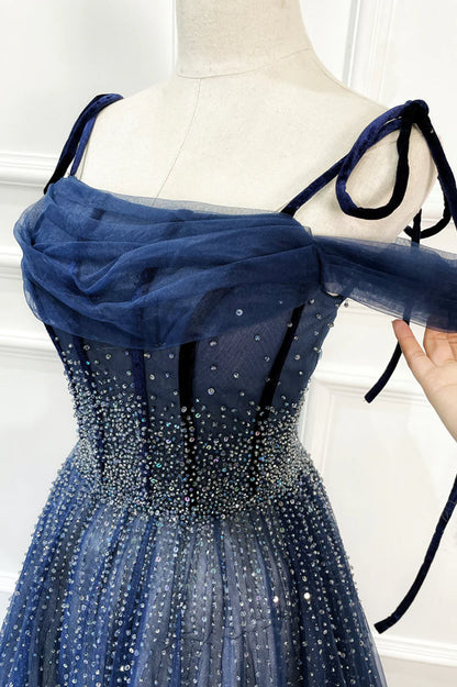 Blue Long Tulle Beaded Prom Dress, Blue Evening Party Dress TP586