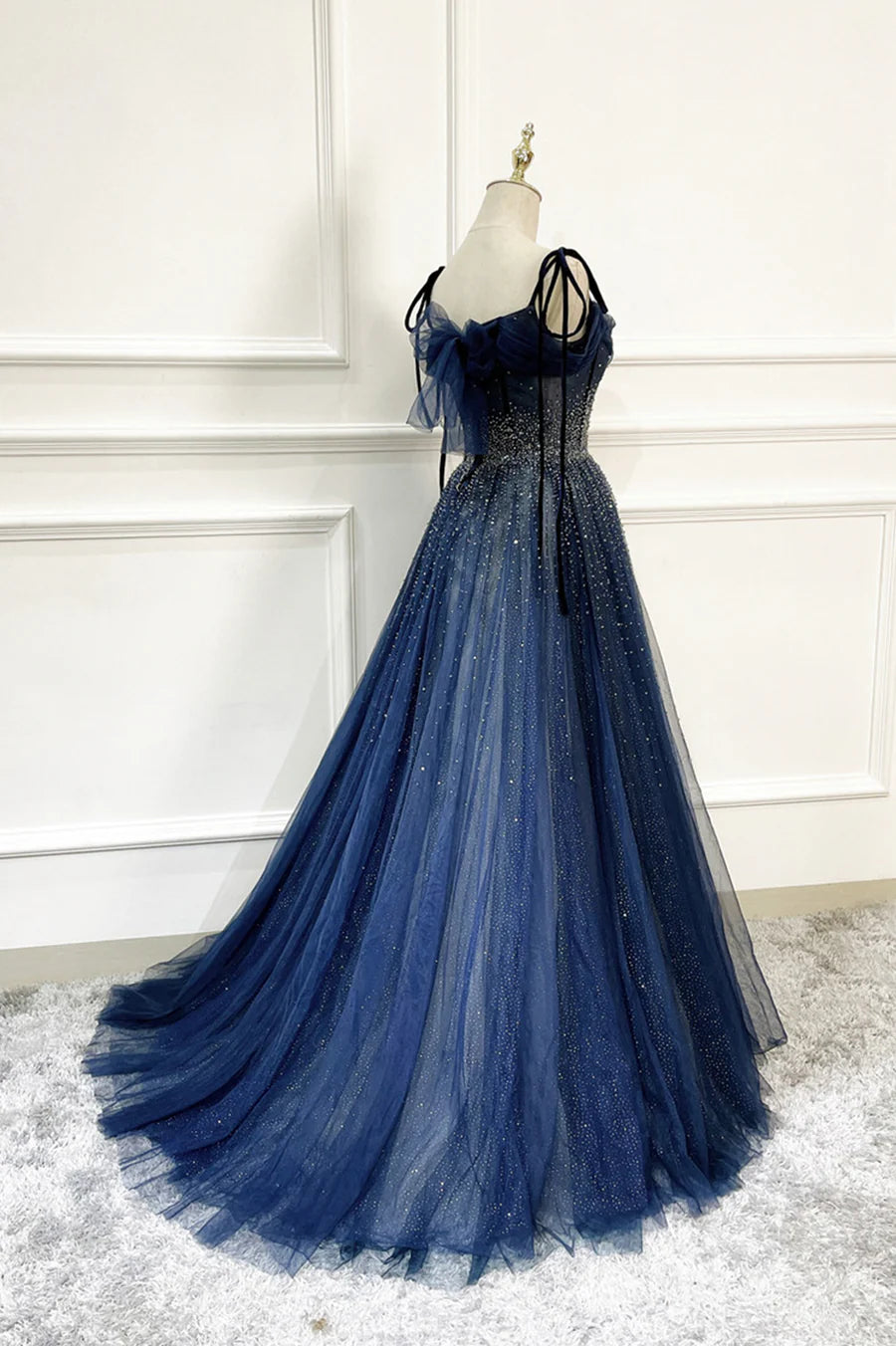 Blue Long Tulle Beaded Prom Dress, Blue Evening Party Dress TP586