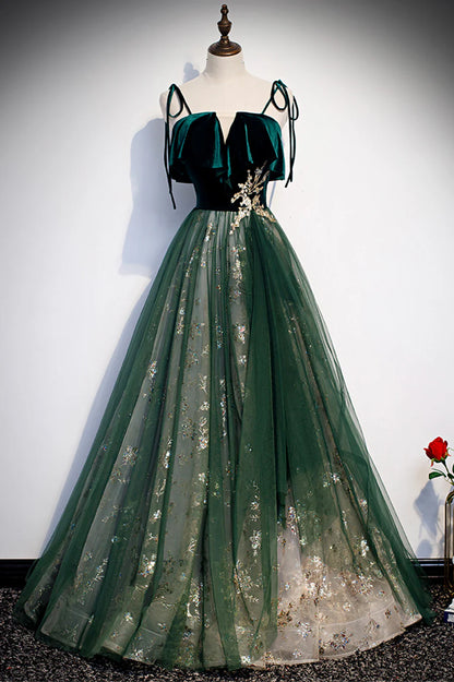Green Velvet Long Prom Dresses, A-Line Evening Dresses TP588