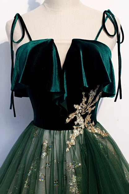 Green Velvet Long Prom Dresses, A-Line Evening Dresses TP588
