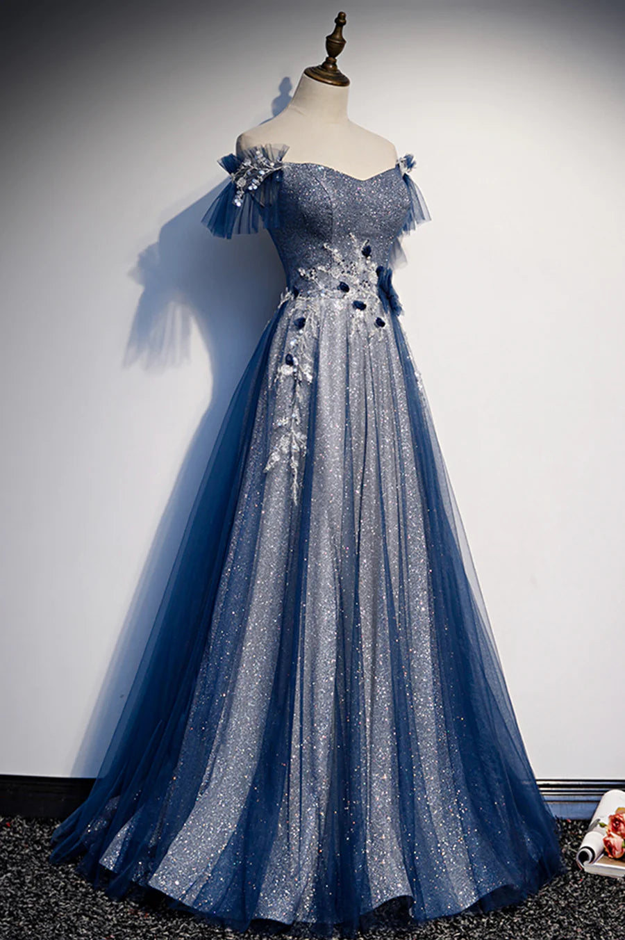 Blue Tulle Sequins Long Prom Dress, A-Line Evening Dress TP589