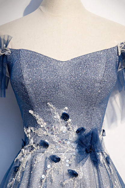 Blue Tulle Sequins Long Prom Dress, A-Line Evening Dress TP589