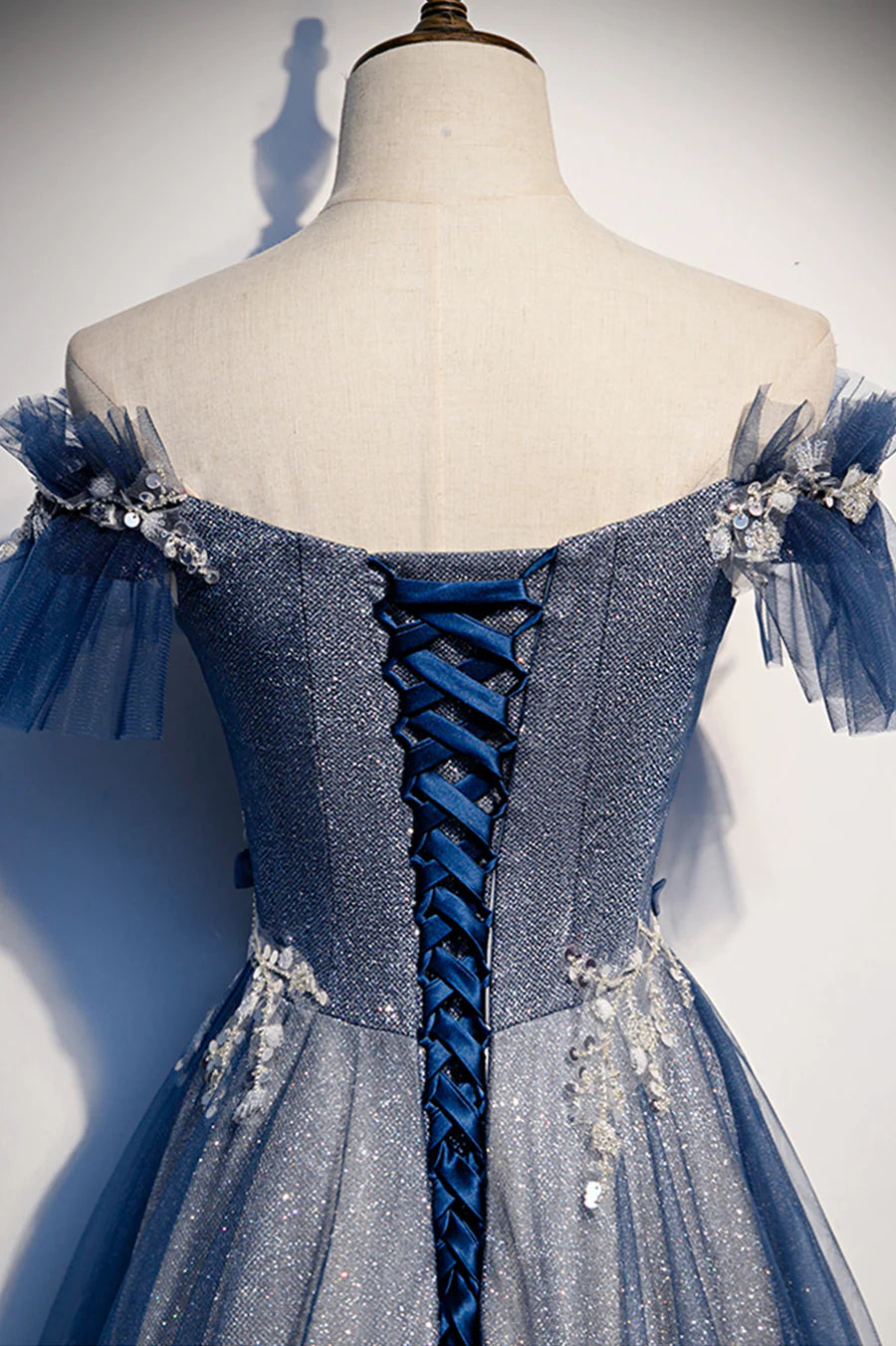 Blue Tulle Sequins Long Prom Dress, A-Line Evening Dress TP589