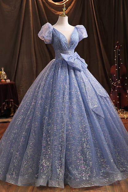 Blue Tulle Sequins Long Prom Dress, A-Line Evening Gown with Bow TP590