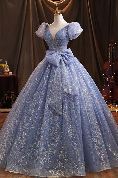 Blue Tulle Sequins Long Prom Dress, A-Line Evening Gown with Bow TP590