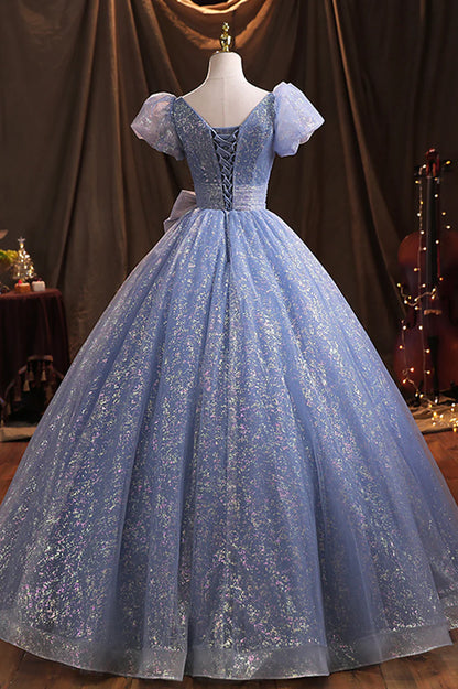 Blue Tulle Sequins Long Prom Dress, A-Line Evening Gown with Bow TP590