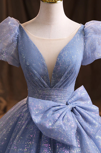 Blue Tulle Sequins Long Prom Dress, A-Line Evening Gown with Bow TP590