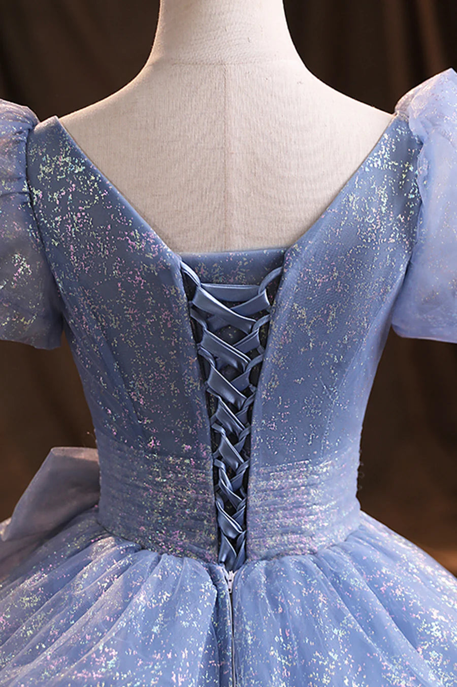 Blue Tulle Sequins Long Prom Dress, A-Line Evening Gown with Bow TP590