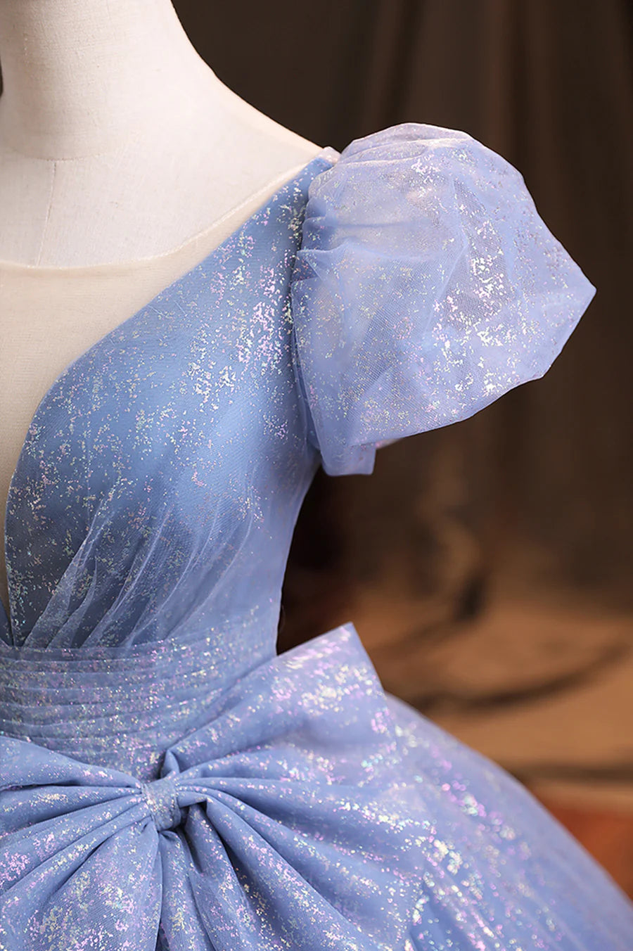 Blue Tulle Sequins Long Prom Dress, A-Line Evening Gown with Bow TP590