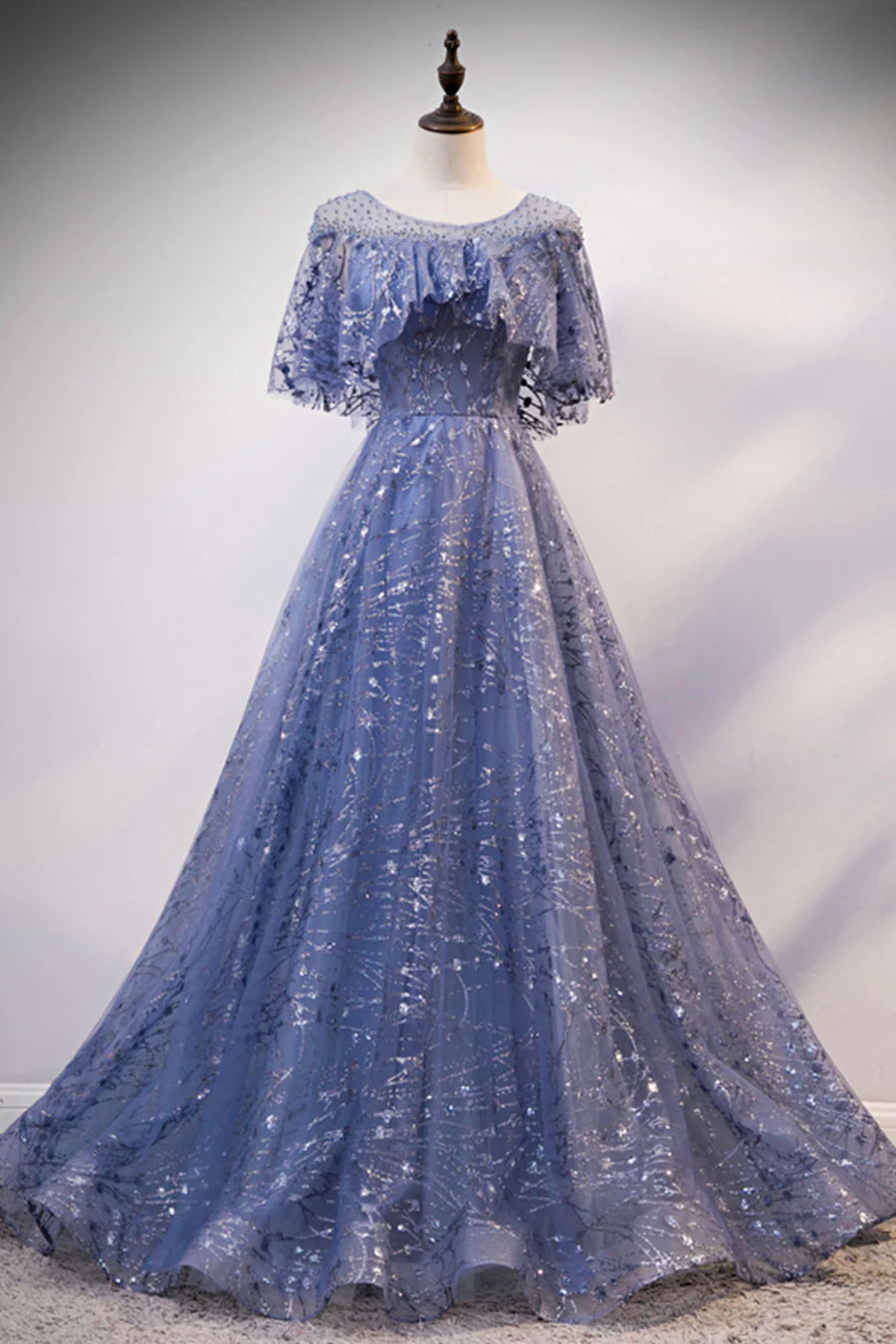 Blue Tulle Sequins Long Prom Dress, A-Line Blue Evening Dress TP591