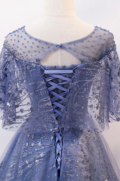 Blue Tulle Sequins Long Prom Dress, A-Line Blue Evening Dress TP591