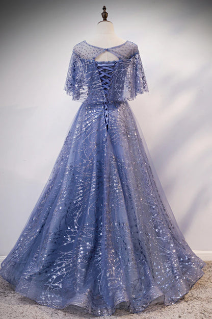 Blue Tulle Sequins Long Prom Dress, A-Line Blue Evening Dress TP591