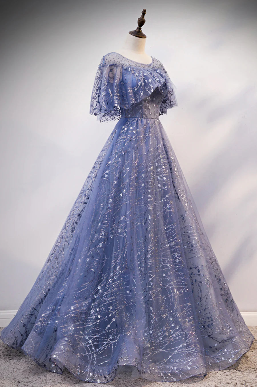 Blue Tulle Sequins Long Prom Dress, A-Line Blue Evening Dress TP591