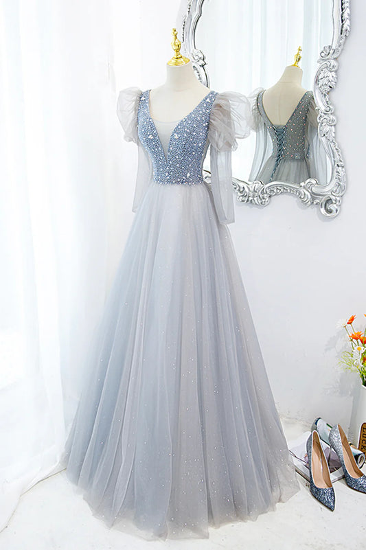Cute V-Neck Tulle Beaded Long Prom Dress, Gray A-Line Evening Party Dress TP592