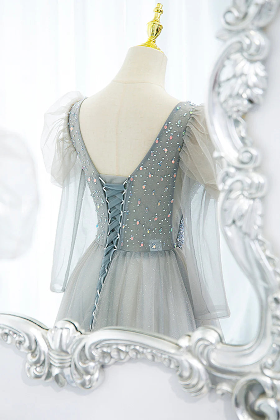 Cute V-Neck Tulle Beaded Long Prom Dress, Gray A-Line Evening Party Dress TP592