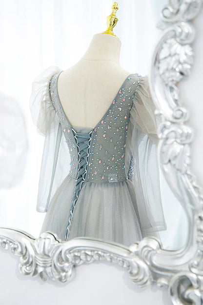 Cute V-Neck Tulle Beaded Long Prom Dress, Gray A-Line Evening Party Dress TP592