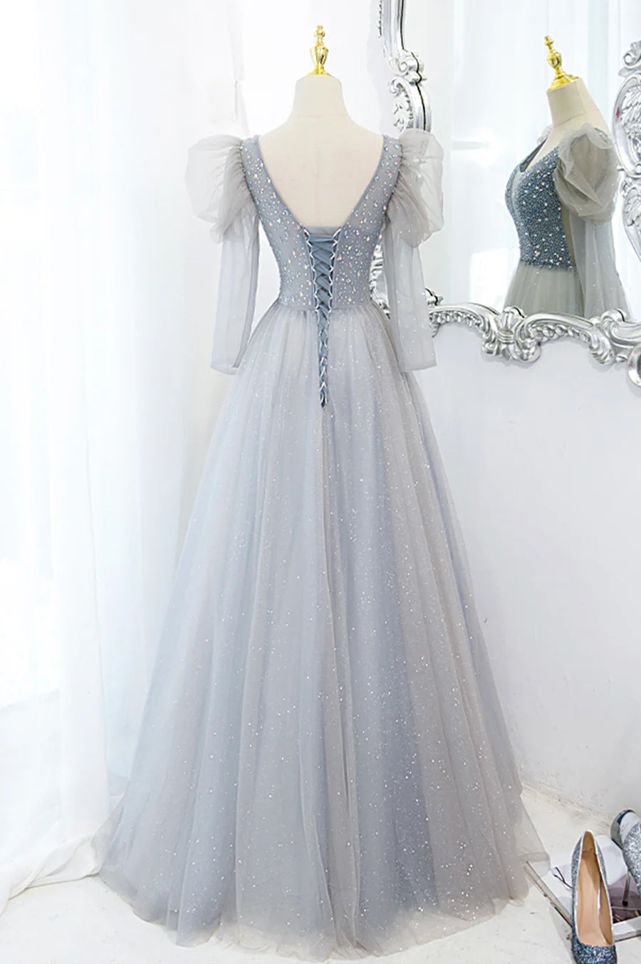 Cute V-Neck Tulle Beaded Long Prom Dress, Gray A-Line Evening Party Dress TP592