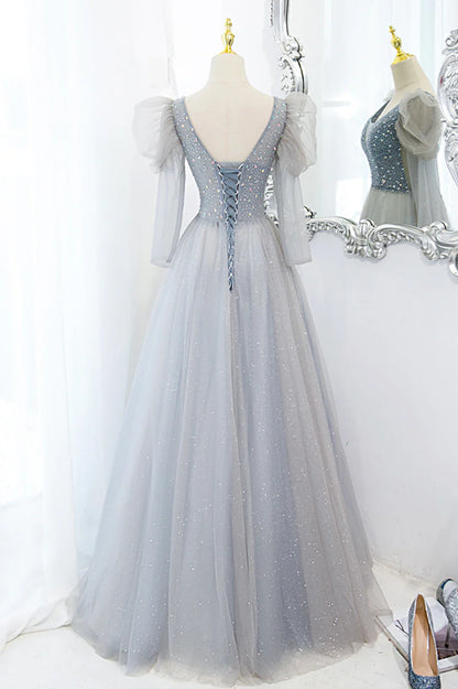 Cute V-Neck Tulle Beaded Long Prom Dress, Gray A-Line Evening Party Dress TP592