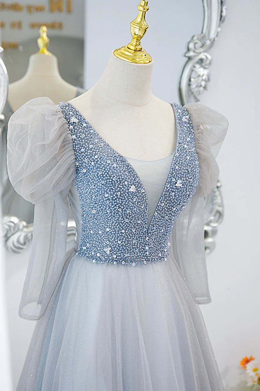Cute V-Neck Tulle Beaded Long Prom Dress, Gray A-Line Evening Party Dress TP592