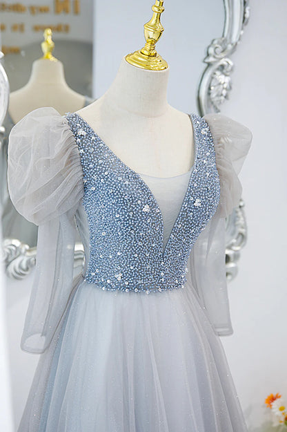 Cute V-Neck Tulle Beaded Long Prom Dress, Gray A-Line Evening Party Dress TP592