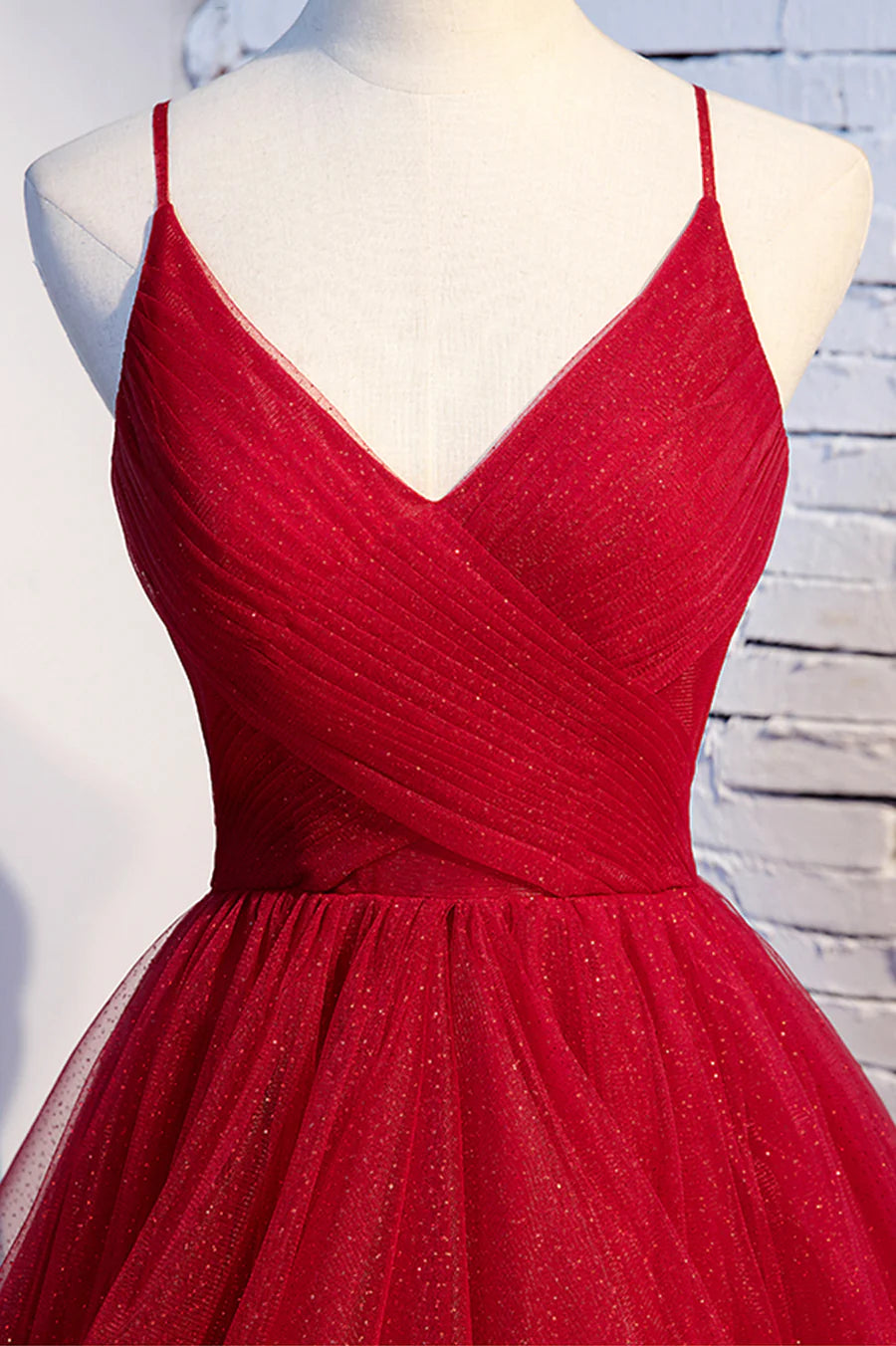Red V-Neck Tulle Long Prom Dress, A-Line Evening Dress TP593