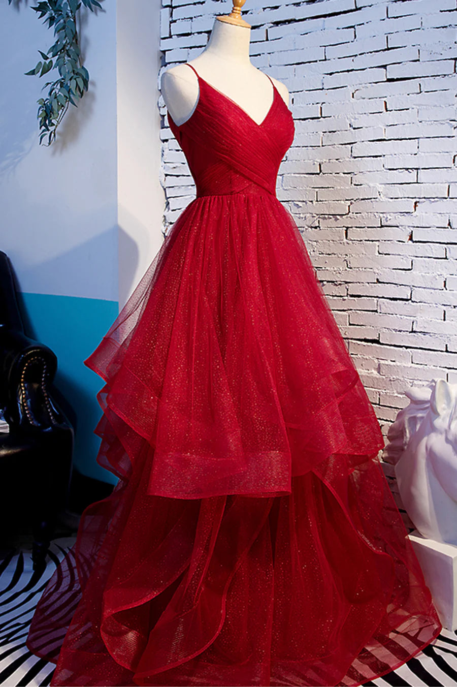 Red V-Neck Tulle Long Prom Dress, A-Line Evening Dress TP593